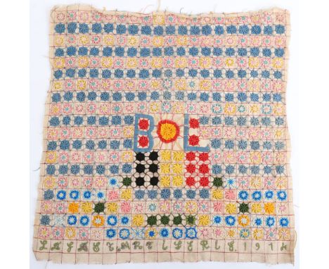 WW1 Tapestry: WW1 soldiers convalescent needle work with BL to centre ,dated 1914 to base. 52 cms x 52 cms , good colour and 