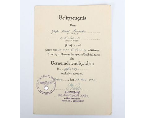 WW2 German Black Wound Badge Citation: Dated  1941 awarded army corporal   with clear franking and commanding officer signatu