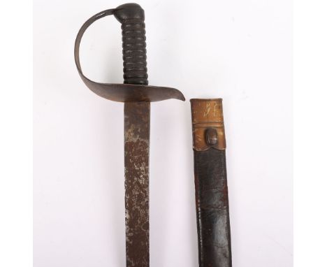 Victorian 1854 Naval Cutlass: Half basket hilt with iron grip, blade in well used condion complete leather and brass scabbard
