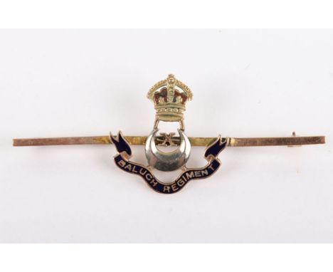 Indian Army 10th Baluch Regiment 9ct Gold Sweetheart Brooch, fine quality gold and enamel brooch on 9ct marked bar with pin b