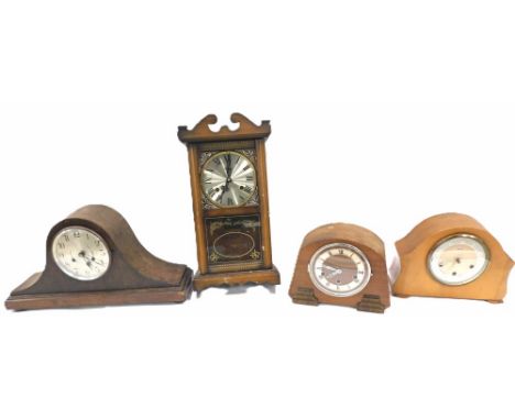 Three walnut cased mantel clocks, one stamped Smith, one Foreign, a Napoleons hat mantel clock, in oak case, and a wall clock