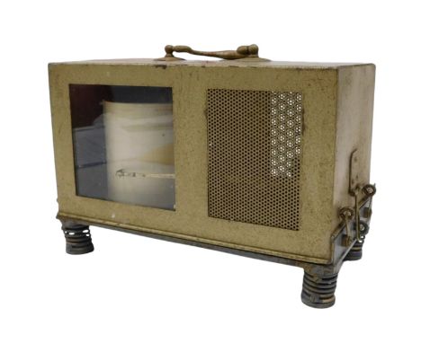 An industrial barograph, in gold painted case, indistinct label stamped Watford, on sprung feet, 27cm wide. (AF)