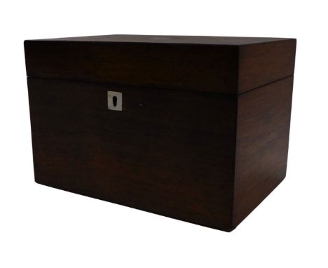 A Victorian rosewood tea caddy, the rectangular top with vacant mother of pearl rectangular plaque, enclosing an associated m