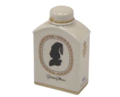 A Royal Copenhagen porcelain tea canister, decorated with silhouettes of Juliane Marie and Margrethe II, and dated 1st May 17
