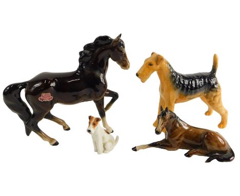 A Royal Belvedere ceramic horse, a similar seated horse, a small Doulton terrier, AF, and a larger Beswick Bedlington terrier
