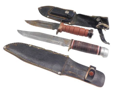 A Bowie knife, the blade stamped Original Bowie knife, with bound leather handle, and a diver's knife, in leather scabbard. (