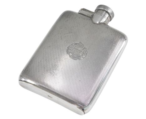 A George V engine turned silver hip flask, decorated with a crest of a castle, with Egyptian sphinx above, Birmingham 1914, 4