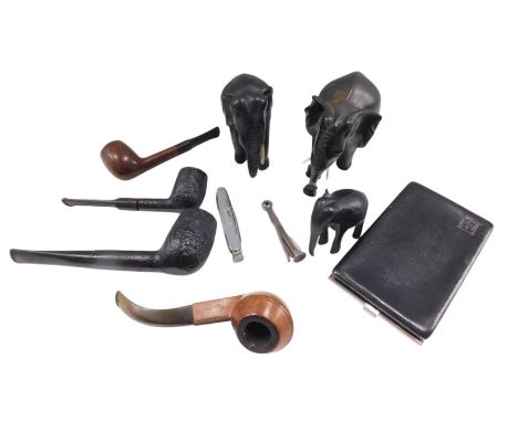A briarwood pipe, an ebonised pipe, stamped G.B.D, other pipes, a black leather Mappin &amp; Webb wallet, with initials R.B.H