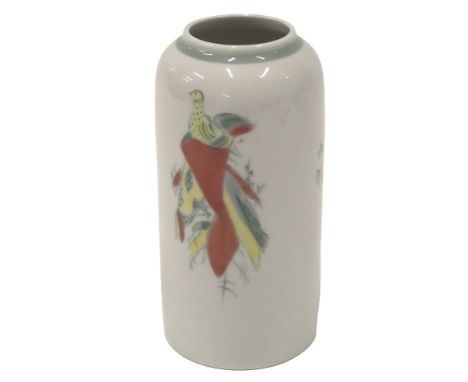 A Royal Copenhagen porcelain cylindrical vase, decorated with a perching bird in yellow and green, printed marks to underside