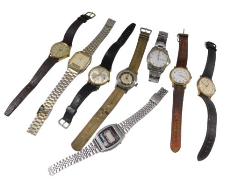 A group of gentlemans dress wristwatches, including Ingersoll, Timex, Onsa, Sekonda, and Lorus.
