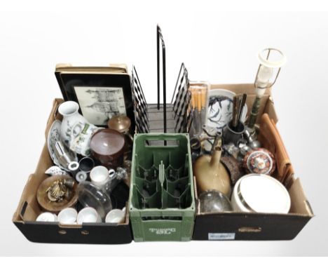 Two boxes of assorted Continental ceramics, homewares, lamp base, cutlery, metal magazine rack etc 