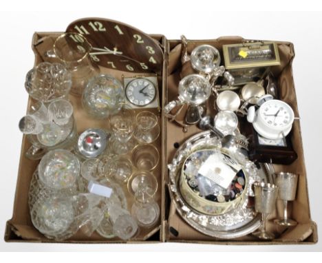 Two boxes containing ornate silver-plated teapots, pair of goblets, gallery serving tray, quantity of buttons, modern mantel 