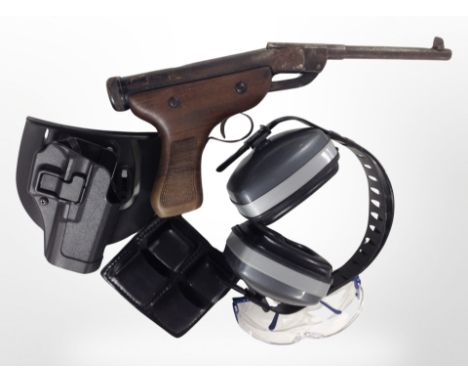 A Diana break-action air pistol, together with a pair of Bilsom shooting ear protectors, pair of goggles, plastic holster, et