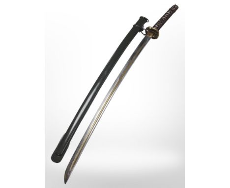 A Japanese NCO's katana in painted metal scabbard, overall length 96cm.