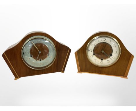 A Smiths Enfield walnut cased mantel clock, plus another similar, tallest 22cm. 