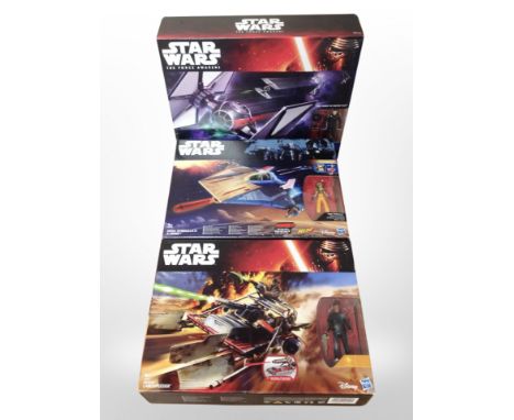 Three Hasbro Disney Star Wars figures, boxed.