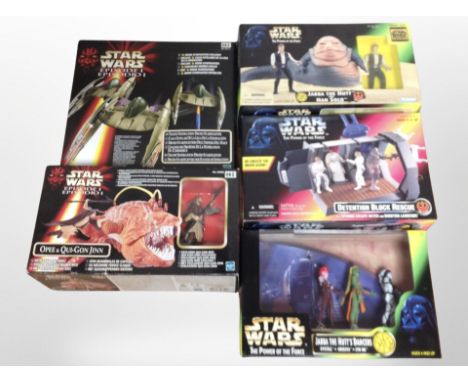 Five boxed Star Wars figures including Hasbro, Kenner etc 
