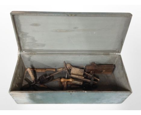 A 19th century painted joiner's tool box of carpentry tools 