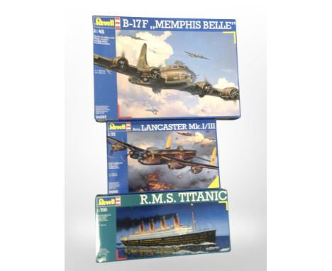 Three Revell scale modelling kits including Lancaster Bomber, RMS Titanic and B-17F Memphis Belle