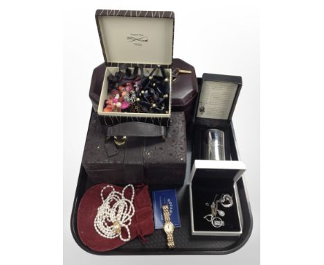 A group of contemporary jewellery boxes containing silver and costume jewellery, pearl necklace, ladies' gold-plated Rotary w