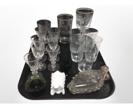 A group of 19th-century and later glassware including an etched crystal ale glass depicting a hummingbird, several other glas