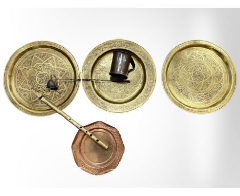 Three engraved brass plates, copper example, a brass recorder, candle snuff and a 19th century copper mug. 