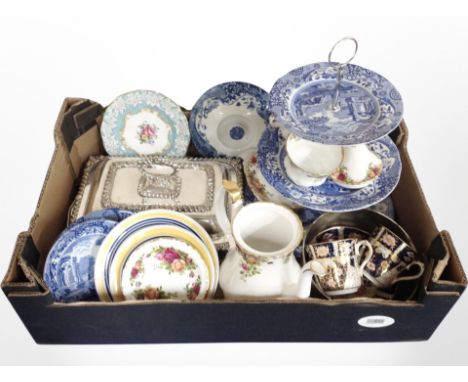 A box of silver plated entree dish, ceramics to include Copeland Spode, Royal Albert Old Country Roses etc 