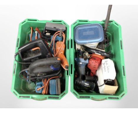 Two boxes of assorted power tools, oil lamp etc 