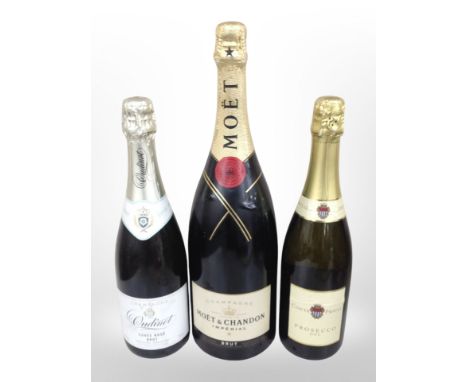A magnum bottle of Moët & Chandon imperial brut champagne, further bottle of Rosé, and a bottle of Conte Priuli Prosecco.
