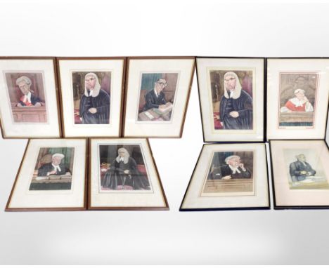 Nine colour lithograph caricatures after Ralph Sallon, all depicting judges 