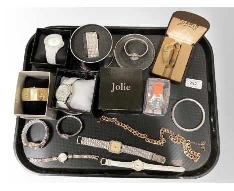 A collection of wristwatches, ladies' watches, gold-plated chain, bangle.