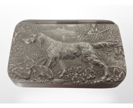 A James Dixon & Sons Cornish pewter snuff box depicting a pointer, width 6.5cm.
