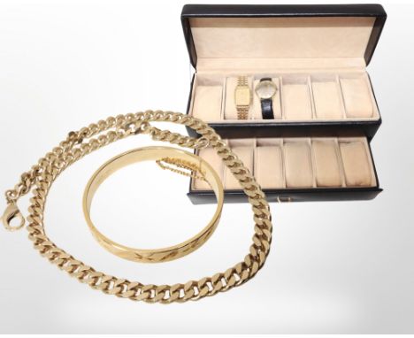 A gent's gold-plated curb link necklace, length 50cm, and a hinged bangle, together with a contemporary watch box containing 