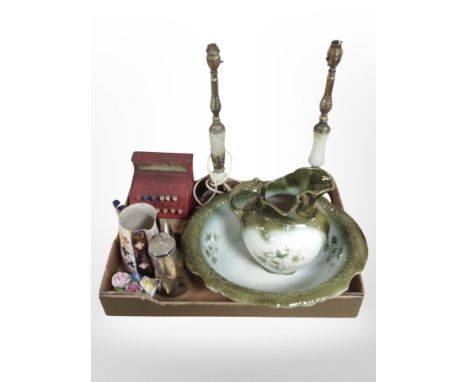 A box containing pair of onyx and brass lamp bases, pottery wash jug and basin, vintage child's metal till, etc.