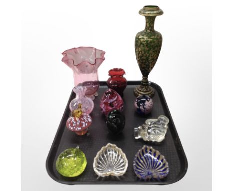 A group of 19th-century and later glass ware including Victorian gilt green glass vase, modern paperweights, Caithness vase, 