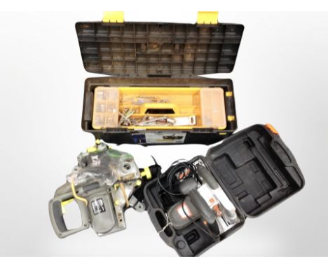 A Challenge Extreme circular saw in box, one further saw and tool box and contents