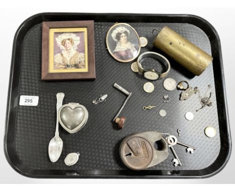 A group of collectibles to include vintage padlock with keys, an Edinburgh silver spoon, coins, a locket, a Victorian pocket 