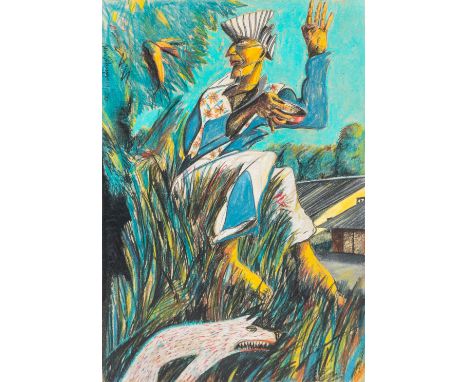 Koen SCHERPEREEL (1961-1997) 'Self portrait with his dog, next to the barracs of Sijsele'. Gouache on paper, 1986. 29 x 43