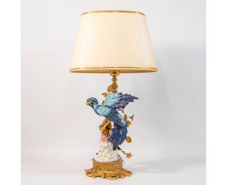 A table lamp with porcelain bird on a metal stand, marked with a Sèvres porcelain mark. The second half of the 20th century. 