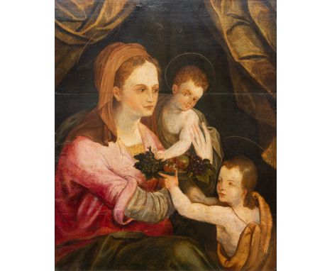 Portrait of a Mother and her 2 Children, richly decorated with fruits and draperies, Oil on Panel, Unsigned, 18th century, wi