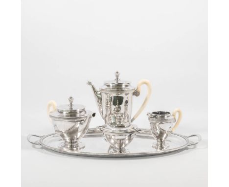 A silver-plated Wiskemann Coffee and Tea service with Coffee pot, Tea pot, sugar pot and milk jug on a large serving tray. Fi