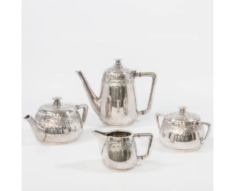 A silver plated Coffee and Tea service, made by Mills Van Der Torren in Bruxelles, Belgium. First half of 20th century. 11 x 