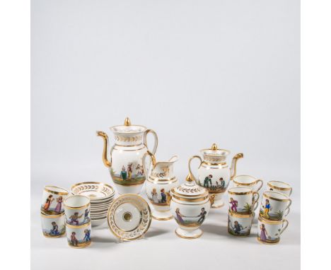 Complete 'Vieux Bruxelles' coffee and tea gilt polychrome with hand-painted 'Playing Children's decor. 19th century. (small c