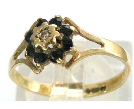 9ct gold diamond and sapphire ring, size J, 1.3g. P&amp;P Group 1 (£14+VAT for the first lot and £1+VAT for subsequent lots) 