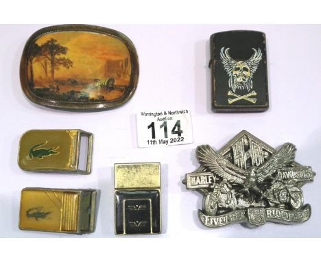 Mixed belt buckles and a Kingsway Zippo style lighter. P&amp;P Group 2 (£18+VAT for the first lot and £3+VAT for subsequent l