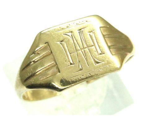 9ct gold gents signet ring, cut and misshapen, 2.8g. P&amp;P Group 1 (£14+VAT for the first lot and £1+VAT for subsequent lot