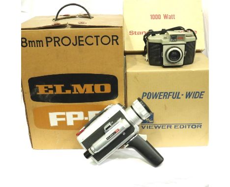 Elmo Super 106 8mm movie camera and projector, cased with manual, with a boxed 1000 watt sun gun and a cased Kodak Brownie Cr