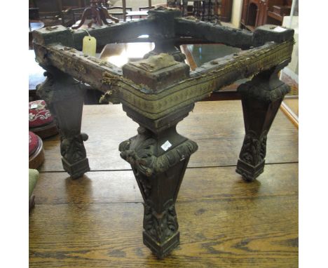 18th Century carved hardwood rococo style stool frame with square section, vase shaped, foliate moulded supports.  Fire damag