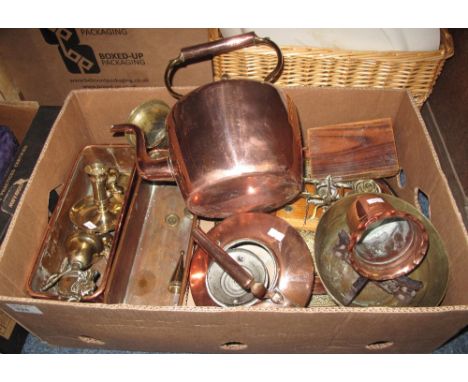 Tray of assorted metalware to include: vintage copper teapots; brass and copper charger; brass postal scales; pair of copper,