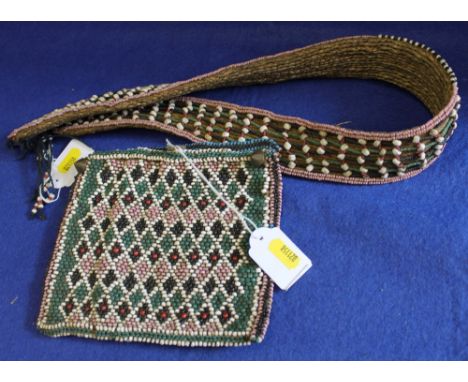 Vintage beaded handbag and similar belt, probably African.  (2)